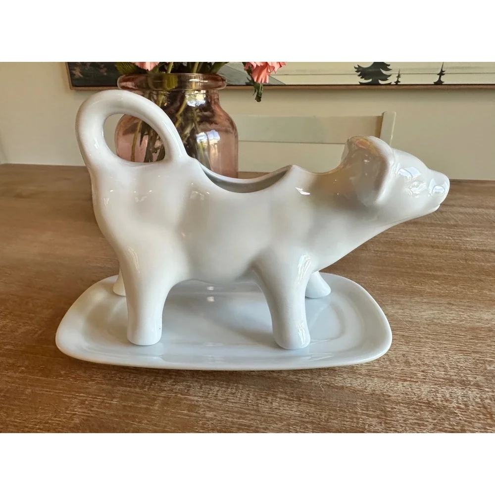 Over and Back Everyday White Porcelain Cow Creamer with Drip Tray Saucer Set